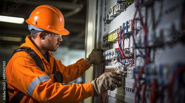 Fototapeta copy space, stockphoto, Candid shot of a maler commercial electrician at work on a fuse box, adorned in safety gear, demonstrating professionalism. maleengineer working on an electicity installation.