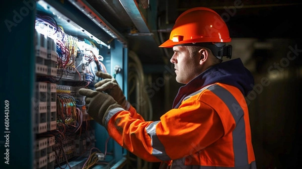 Fototapeta copy space, stockphoto, Candid shot of a maler commercial electrician at work on a fuse box, adorned in safety gear, demonstrating professionalism. maleengineer working on an electicity installation.