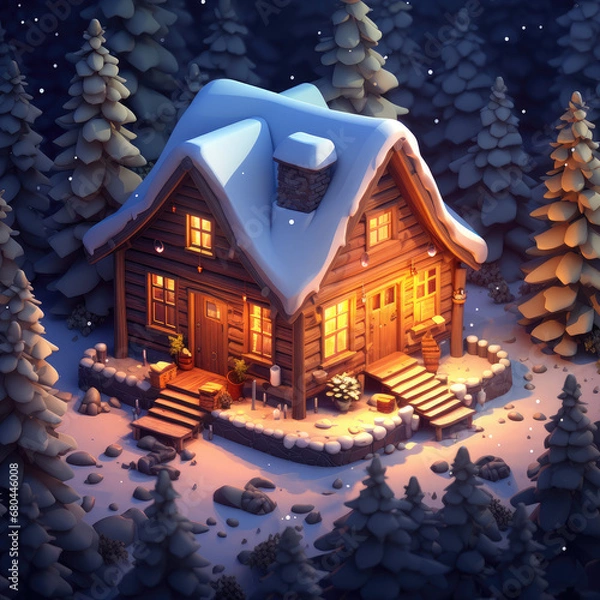 Fototapeta Cabin in the forest isometric. Ai generative.