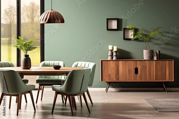 Fototapeta Mid-Century Elegance Mint Chairs, Wooden Table, and Cozy Sofa in a Modern Living Room. created with Generative AI