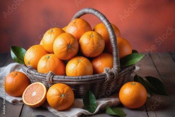 Fototapeta Oranges in a basket on a wooden table with nature background