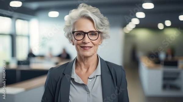 Fototapeta A confident senior businesswoman with gray hair, wearing a smart suit, stands in a modern office setting, representing success and challenging ageism in the corporate world.