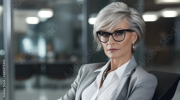 Fototapeta A confident senior businesswoman with gray hair, wearing a smart suit, stands in a modern office setting, representing success and challenging ageism in the corporate world.