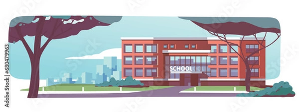 Fototapeta School building front view with green lawn. Cartoon modern school house exterior with cityscape, trees. Elementary children education, study, learning, city architecture flat vector illustration