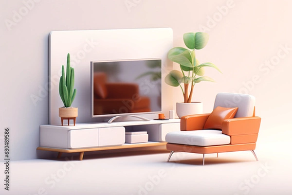 Fototapeta Soft interior sofa 3D rendering, creative geometric interior space axonometric concept illustration