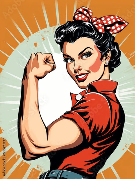 Fototapeta We Can Do It. Girl power advertising poster. Pop art, woman showing her biceps. Generative AI	