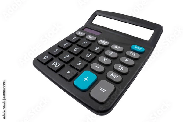 Fototapeta Top view of a digital calculator with a blank screen (close-up) on a transparent background. Arithmetic device