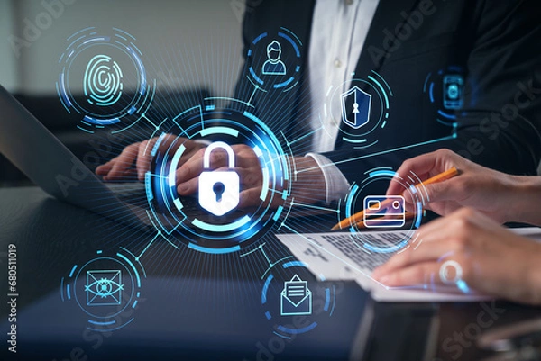 Fototapeta Businesspeople typing on laptop at office workplace. Concept of team work, business education, internet surfing, brainstorm, project information technology. hands shot. Lock data security hologram