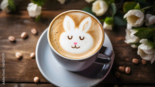 Fototapeta Cup of latte coffee with Easter bunny shape art on foam, top view. Easter and spring background.	