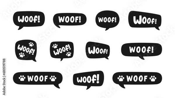 Fototapeta Woof text in a speech bubble balloon silhouette set. Cute cartoon comics dog bark sound effect and lettering. Vector illustration.