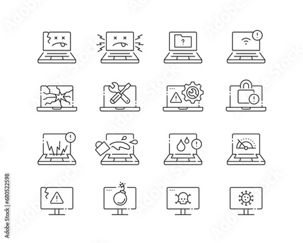 Fototapeta Computer Issues Icon collection containing 16 editable stroke icons. Perfect for logos, stats and infographics. Edit the thickness of the line in Adobe Illustrator (or any vector capable app).