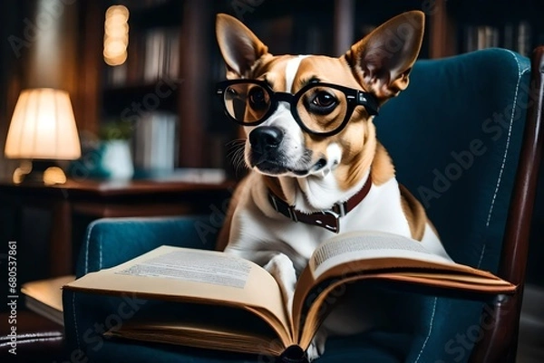 Obraz dog reading a book on a bed