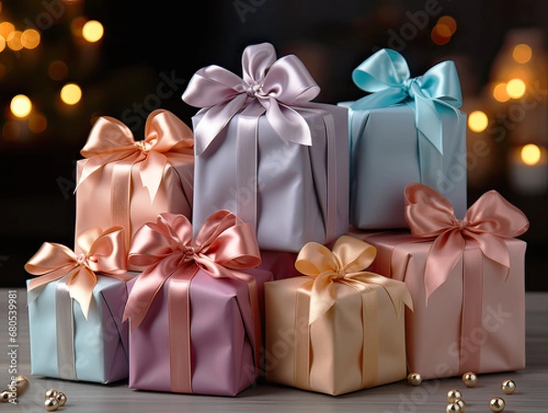 Fototapeta packed multicolor gift boxes with golden dots and roses