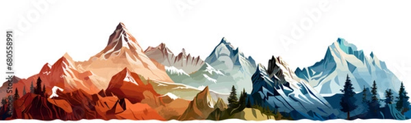 Fototapeta Rocky mountain vector shapes clipart on white background. Wide panoramic view. 