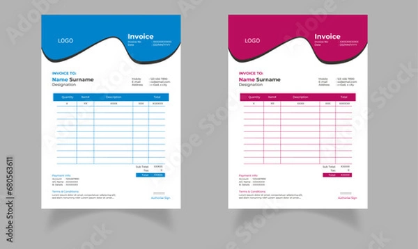 Fototapeta Modern and abstract professional business invoice template set | Blue and Dark Pink colors