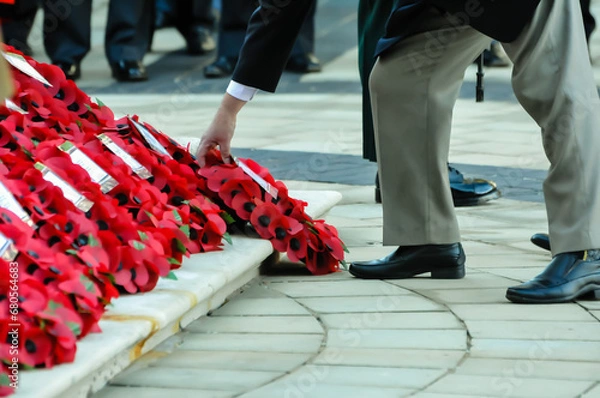 Fototapeta A man lays a poppy wreath on the steps of the Cenotaph during the remembrance ceremony