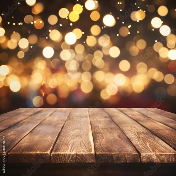 Fototapeta Empty wooden table and blurred background of hall of stage bar or cafe with bokeh lights