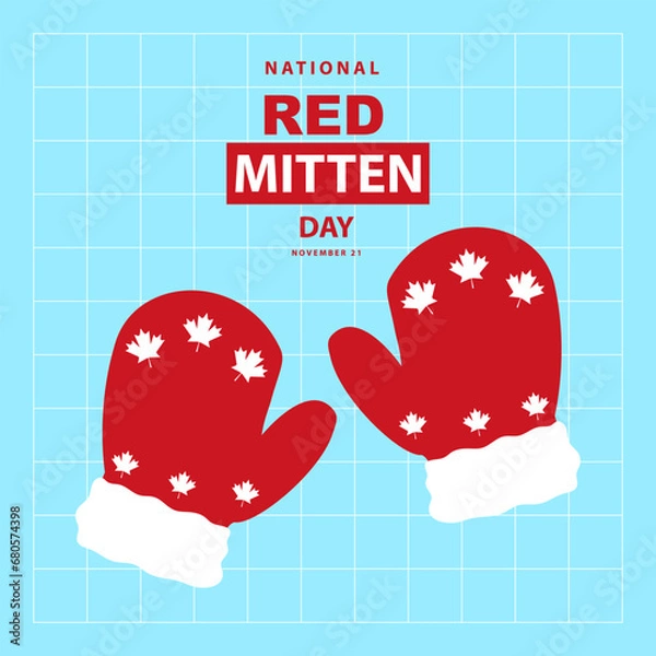 Fototapeta Red Mitten Day on november 21, A pair of red mittens with Canadian motifs vector illustration and text isolated on blue sky background for commemorate and celebrate Red Mitten Day located in Canada.