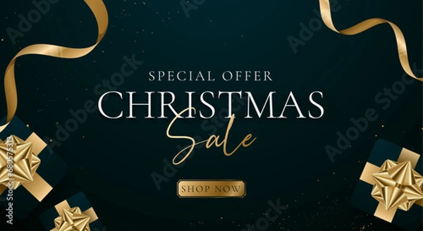 Fototapeta Merry christmas banner, green background with christmas, new year element. Vector illustration