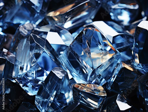 Fototapeta The concept of fake crystals and gems comes to life with an abstract background featuring shiny pieces of broken transparent glass on a dark surface.