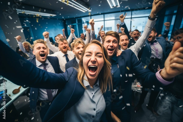 Fototapeta Office celebration, team of business people partying, generative AI