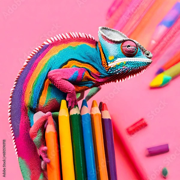 Fototapeta chameleon on multicolor pencils