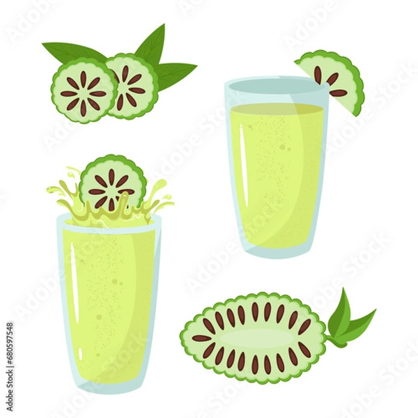 Fototapeta Noni fruit. Tropical fruit. Juice in a glass, splashes. Vector set.