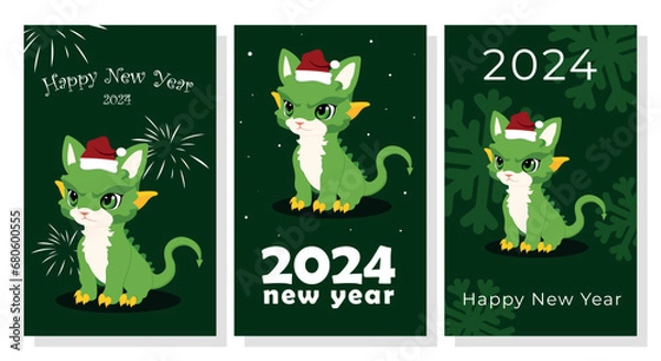 Fototapeta Cute dragon. New Year's green dragon. Drawing of a green dragon for the new year. New Year greeting cards set. Vector illustration