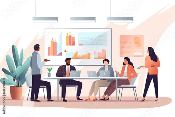 Obraz In-person business presentation, training, meeting, conference, with video conference, teleconference on web platform, via internet technology, futuristic work, meetings, debate