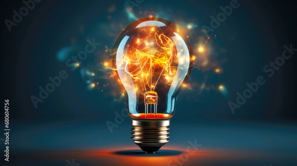 Fototapeta Glowing light bulb on blue background, 3d rendering. Computer digital drawing. 