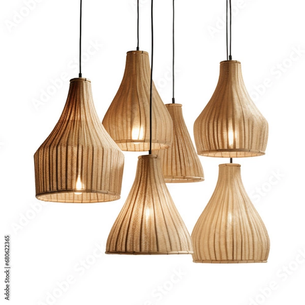 Fototapeta Rattan ceiling lamps, Elegant Wicker Ceiling lamp, light bulb isolated on transparent background PNG	