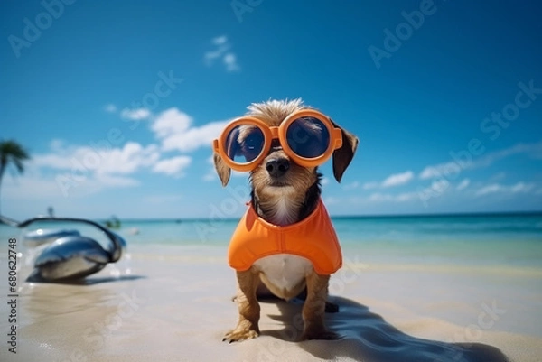 Fototapeta Dog ready for swimming, vocation, The dog wears a swimming suit and scuba gogles at the beautiful beach.