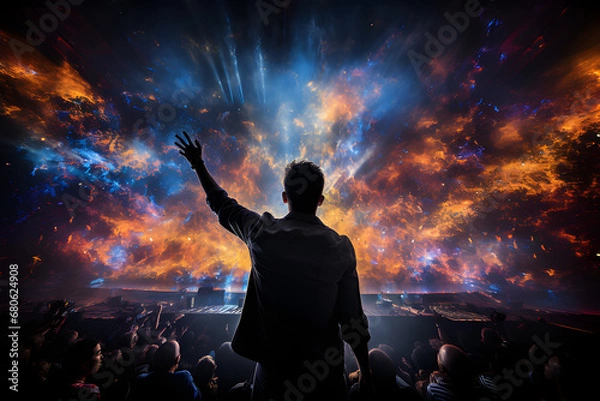 Fototapeta A passionate musician on stage amidst a sea of cheering fans, Rock Concert, generative AI