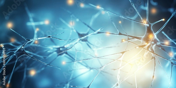 Obraz Nerve cell blue color banner, system neuron of brain with synapses. Medicine biology background