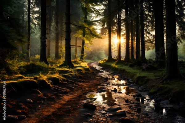 Fototapeta Landscape of a forest with sunlight, generative AI