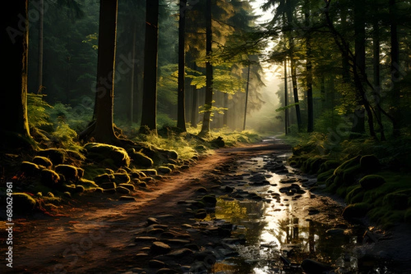 Fototapeta Landscape of a forest with sunlight, generative AI