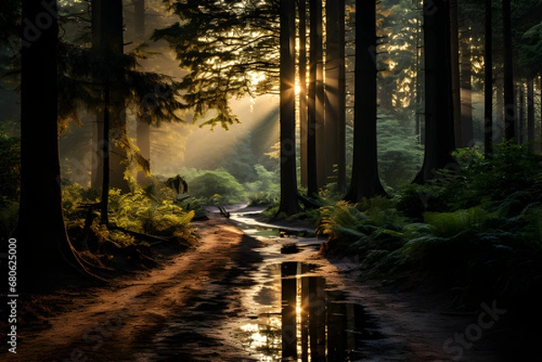 Fototapeta Landscape of a forest with sunlight, generative AI