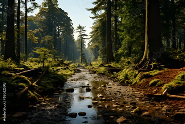 Fototapeta Landscape of a forest with sunlight, generative AI