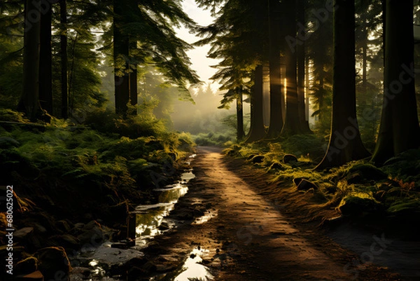 Fototapeta Landscape of a forest with sunlight, generative AI