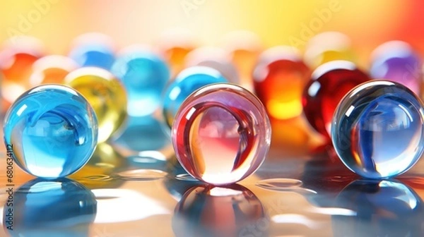 Obraz  a group of colorful glass vases sitting on top of a white table next to a yellow and red wall and a red and blue vase with a white flower in the middle.