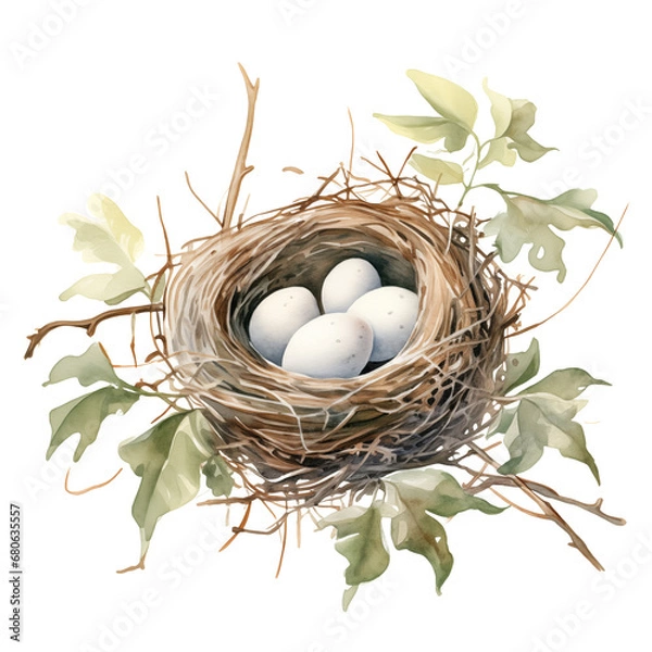 Fototapeta Watercolor Bird Nest with Leaves and Four Eggs on Transparent Background, Ideal for Nature-themed Designs