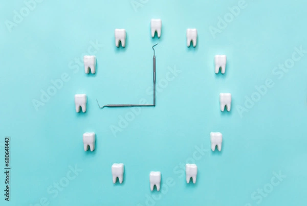 Fototapeta A clock made of teeth on a blue background and a dental probe. Flat lay. Dentistry. Place for text. Oral health and dental examination of teeth. Stomatology. Concept of dental health.