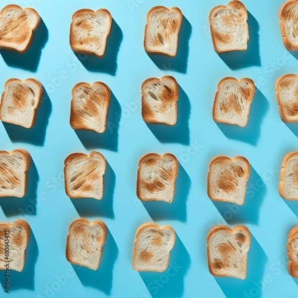 Obraz Aesthetic pattern made of slices of breads on pastel blue backgrounds, shadows