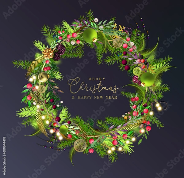 Fototapeta Christmas Card with beautiful colourful wreath with baubles, string of light over dark blue background, gold text Merry Christmas and Happy New year. Square 3D illustration