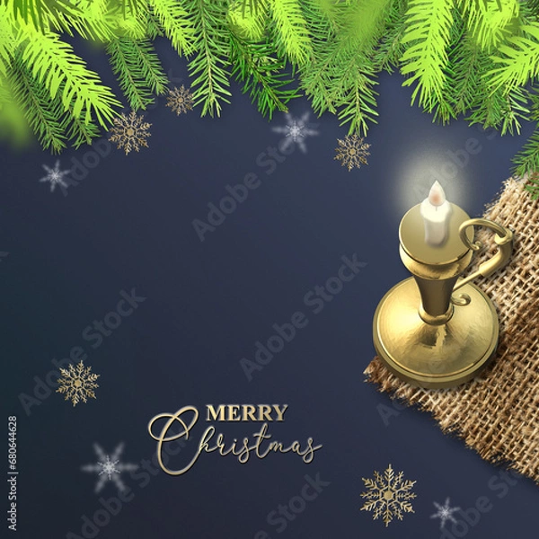 Fototapeta Magic Charismas design. Christmas night with lighted candle on rustic canvas and fir branches on dark blue background with snowflakes. Golden text Merry Christmas. Copy paste template, empty space. 3D