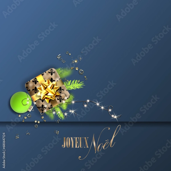 Fototapeta Minimalist Merry Christmas in French language. Joyeux Noel modern luxury design on dark blue. 3D gift box, golden bow, text Joyeux Noel Merry Christmas. Flat lay, above view. 3D render