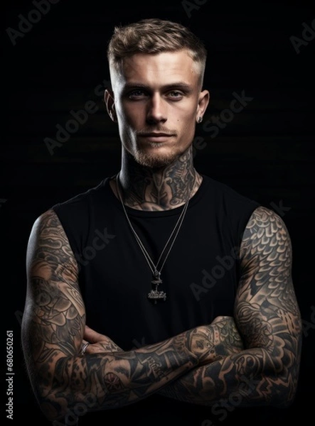 Fototapeta The Inked Rebel: A Man with Intricate Tattoos and a Bold Black Shirt