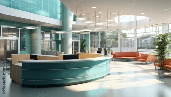 Fototapeta A Modern Office Lobby with a Curved Counter and Vibrant Orange Chairs