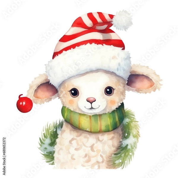Fototapeta watercolor illustration of a lamb in a striped holiday hat and green scarf with Christmas decorations on an isolated background