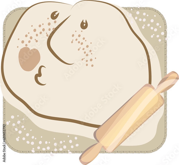 Obraz Roll out the dough. Knead the dough. A character from the test. Cook from flour and make dough. Knead with a rolling pin. Homemade food and cooking pies and pizza. Rolling pin, board, flour.